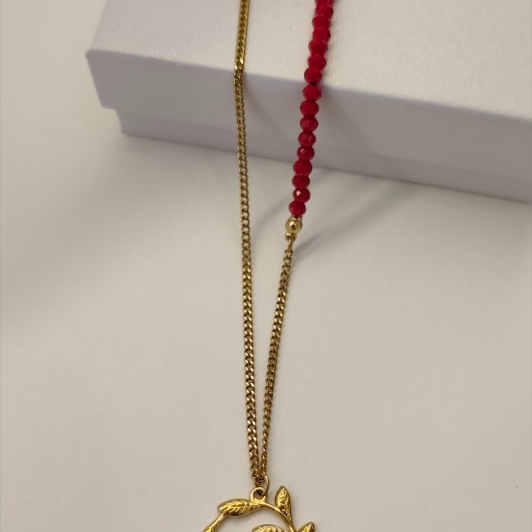 Laurel elegance necklace. Κολιε απο ανοξειδωτο ατσαλι σε χρυσο χρωμα με κοκκινους κρυσταλλους 11